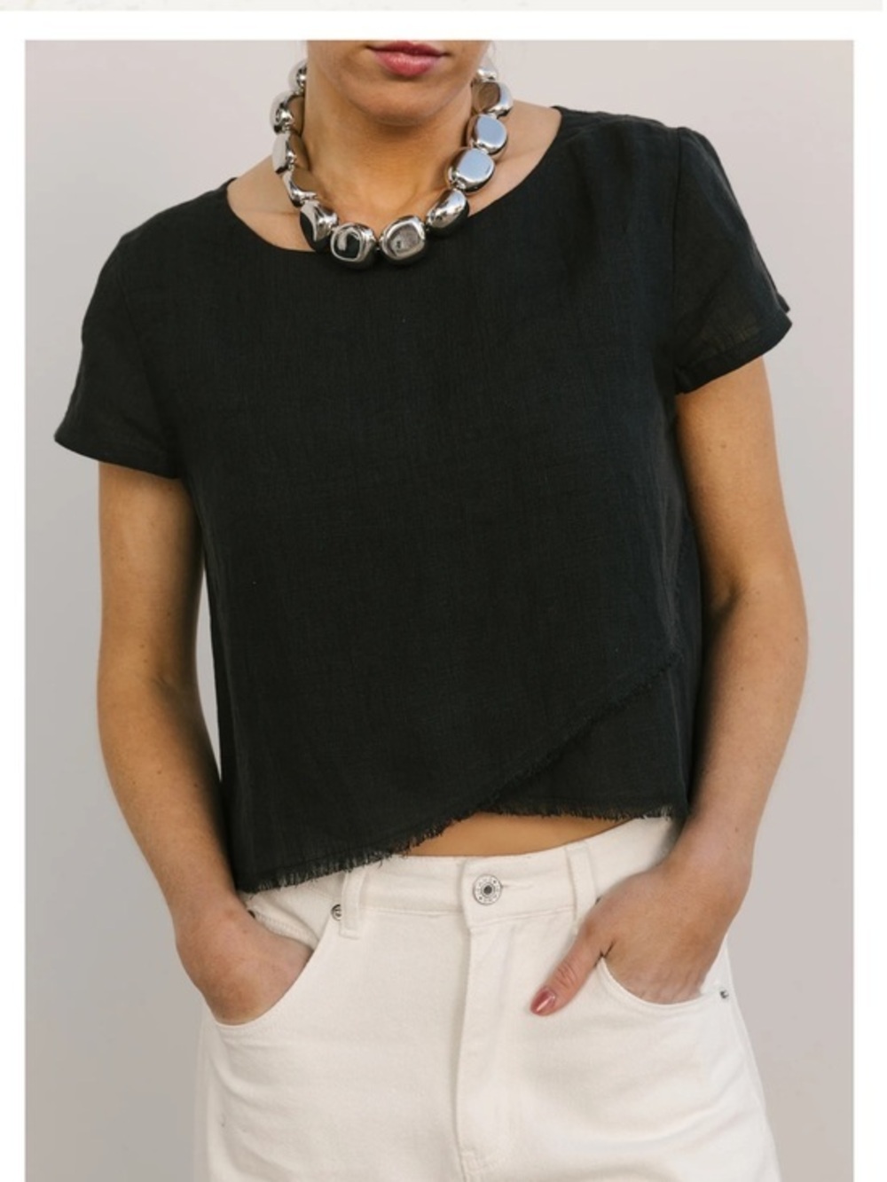 Becasa Black Linen Crop Top short sleeve small